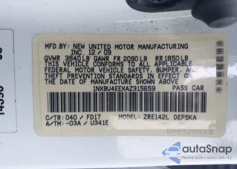 2010 Toyota Corolla S из США, поврежденный, VIN 1NXBU4EEXAZ315659